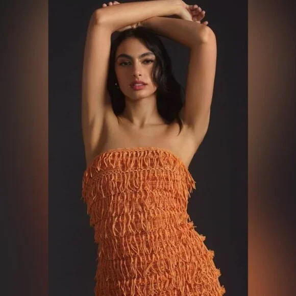 anthropologie orange strapless dress By Anthropologie Strapless Textured Knit Slip Midi Dress